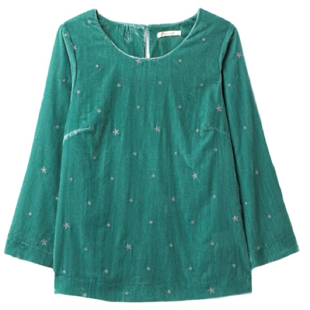 ✨ Celestial Embroidered Green & Silver Crushed Velvet Blouse – Cozy & Unique! 💫